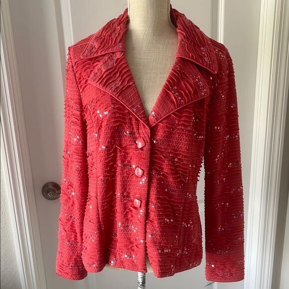 Clara Sun Woo Coral Textured Sequined Jacket Square Buttons Sz L - Picture 1 of 8